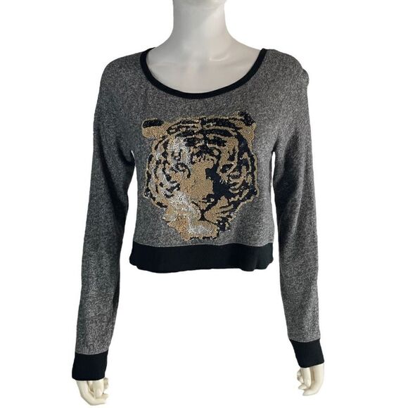 Express Women Medium Tiger Embroidered Black Grey Pullover Sweater Crewneck Crop - Picture 1 of 8